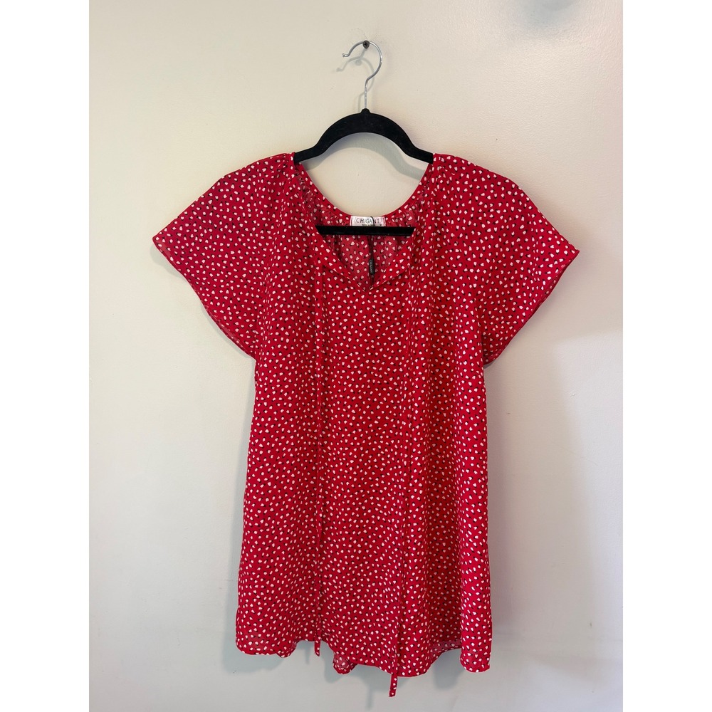 Chigant Red Printed Flutter Sleeve Split V-Neck Tie Blouse Top‎ Medium